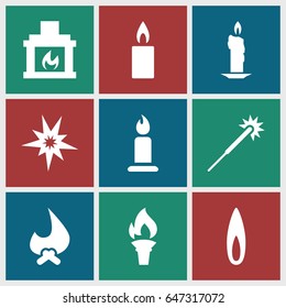 Set of 9 flame filled icons such as candle, sparklers, fireplace, flame, torch, explode