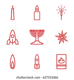 set of 9 flame outline icons such as rocket, sparkler, candle, fire protection, flame, menorah