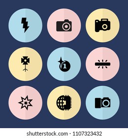 Set of 9 flash filled icons such as explosion, camera, soft box, cpu planet