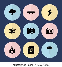 Set of 9 flash filled icons such as explosion, camera, studio umbrella, flash, thunder