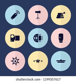 Set of 9 flash filled icons such as camera lense, studio lapm, dynamite, explosion, electricity, cpu planet, camera