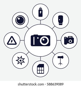 Set of 9 flash filled icons such as camera, studio lapm, camera lense, voltage warning, energetic drink, memory card
