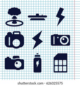 Set of 9 flash filled icons such as camera, camera lense, flash, energetic drink, memory card