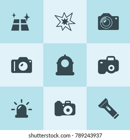 Set of 9 flash filled icons such as siren, shine, explosion, camera, camera