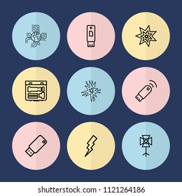 Set of 9 flash outline icons such as flash, usb drive, soft box, camera, usb signal, explosion, cpu planet