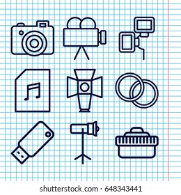 Set of 9 flash outline icons such as camera, memory card with music, soft box, camera lense, studio lapm, camera flash