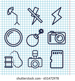Set of 9 flash outline icons such as explosion, camera, studio umbrella, camera lense, memory card, no flash, flash