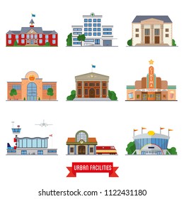 Set of 9 flat design urban facilities and public buildings