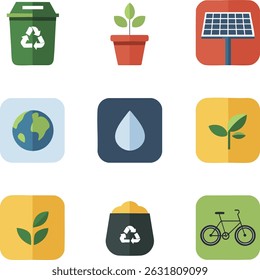 Un conjunto de 9 iconos planos ecológicos en estilo minimalista, perfecto para el medio ambiente del día.