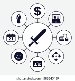 Set of 9 flat filled icons such as overcoat, badge, crying emot, blod pressure tool, real estate on laptop, dollar, calendar, wall clock