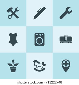 Set of 9 flat filled icons such as wrench, wrench hammer, washer, cistern, pen, horse toy, money flower, medical location