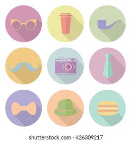 Set of 9 flat hipsters icons. Vector Illustration