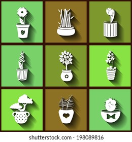 Set of 9 flat icons of different plants and flowers growing in pots. Eps10