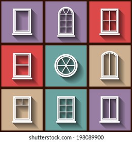 Set of 9 flat icons of different types of windows. Eps10