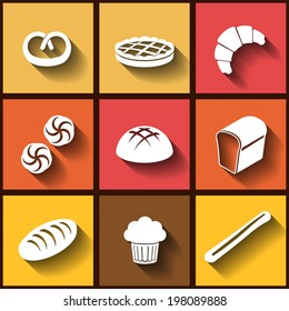 Set of 9 flat icons of fresh bread and pastry. Eps10