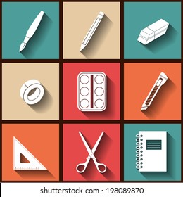 Set of 9 flat icons of instruments for education and art. Eps10