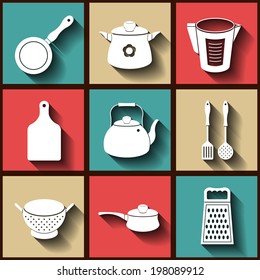 Set of 9 flat icons of kitchen utensils. Eps10