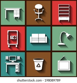 Set of 9 flat icons with office furniture. Eps10