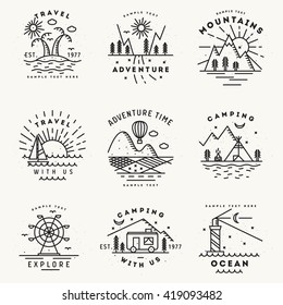 Set of 9 flat line art travel logotypes