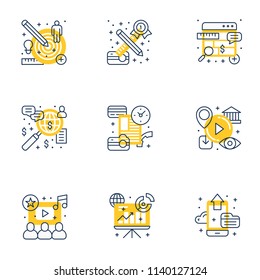 Set of 9 flat line business icons. Flat line illustration concept for web banner and printed materials. Vector illustration