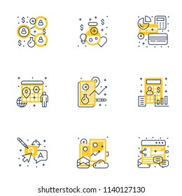 Set of 9 flat line business icons. Flat line illustration concept for web banner and printed materials. Vector illustration
