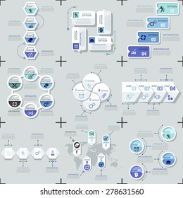 Set of 9 flat minimal info graphic templates. Vector. Can be used for web design, workflow layout, social media, entertainment and games.