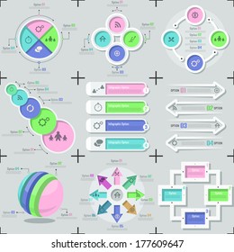 Set of 9 flat minimal infographic templates. Vector. Can be used for web design, workflow layout, social media, entertainment and games.
