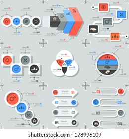 Set of 9 flat minimal infographic templates. Vector. Can be used for web design, workflow layout, social media, entertainment and games.