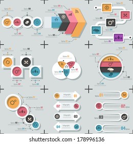 Set of 9 flat minimal infographic templates. Vector. Can be used for web design, workflow layout, social media, entertainment and games.