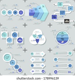 Set of 9 flat minimal infographic templates. Vector. Can be used for web design, workflow layout, social media, entertainment and games.