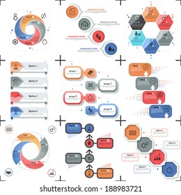 Set of 9 flat minimal infographic templates. Vector. Can be used for web design, workflow layout, social media, entertainment and games.