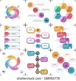 Set of 9 flat minimal infographic templates. Vector. Can be used for web design, workflow layout, social media, entertainment and games.