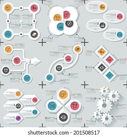Set of 9 flat minimal infographic templates. Vector. Can be used for web design, workflow layout, social media, entertainment and games.