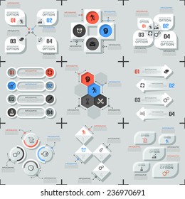 Set of 9 flat minimal infographic templates. Vector. Can be used for web design, workflow layout, social media, entertainment and games.