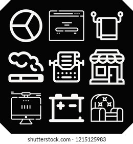 Set of 9 flat outline icons such as accumulator, cigarrete, sofa, towel, typewriter, shopping store, pie chart, home page