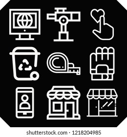 Set of 9 flat outline icons such as store, trash, measuring tape, rating, telescope, shopping store, gloves, phone