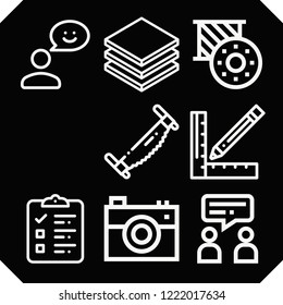 Set of 9 flat outline icons such as checklist, saw, layers, pencil, feedback, camera, bed, talk