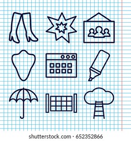 Set of 9 flat outline icons such as fence, umbrella, animal fang, woman boots, highlighter, fireworks, photo, ladder to the sky