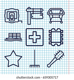 Set of 9 flat outline icons such as measure tape, playpen, rake, direction board, cargo ship, mace, star, plus