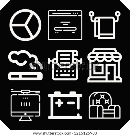 Set of 9 flat outline icons such as accumulator, cigarrete, sofa, towel, typewriter, shopping store, pie chart, home page