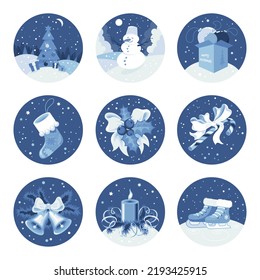 Set of 9 flat round icons on the theme of winter holidays in blue tones with elements of Christmas and New Year symbols