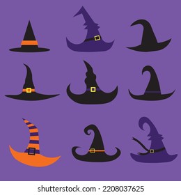 Set of 9 flat vectors of Witch Hats with named layers. Have a magical Halloween!
