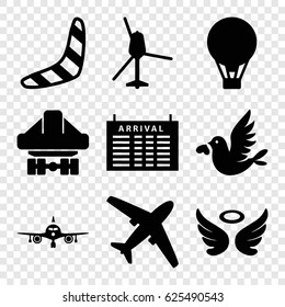 set of 9 flight filled icons such as plane, arrival table, boomerang, wings, cargo plane back view, love bird, air balloon