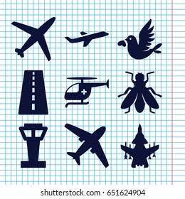 Set of 9 flight filled icons such as fly, airport tower, runway, love bird, plane