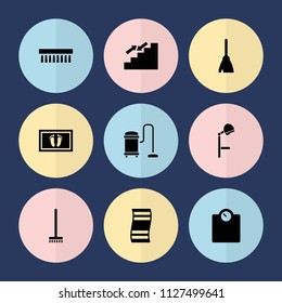 Set of 9 floor filled icons such as broom, clean brush, fitness carpet, floor scale, salon hair dryer, foot carpet, vacuum cleaner