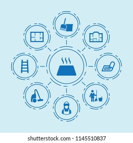 Set of 9 floor filled icons such as bucket and broom, vacuum cleaner, floor wash, maid, house plan, plan, warm floor