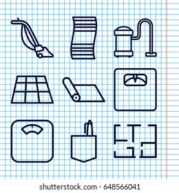 Set of 9 floor outline icons such as vacuum cleaner, office room, floor scales, plan, carpet, fitness carpet