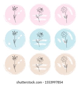 Set of 9 floral circle stickers in modern graphic style with pastel palette. Designed for BuJo (bullet journal), planners, diaries, calendars, card templates, posters, flyers and other paper design