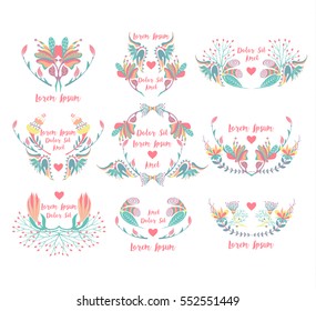 Set of 9 floral frames. Ornamental borders with flowers. Decorative colorful elements. It can be used for invitation, postcard, card, flyer, cover. Vector illustration, eps10