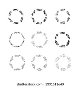 Set of 9 floral round frames. Hand drawn wreaths with leaves isolated on white.  Easy to edit vector elements of design for wedding invitations, logo, greeting cards.